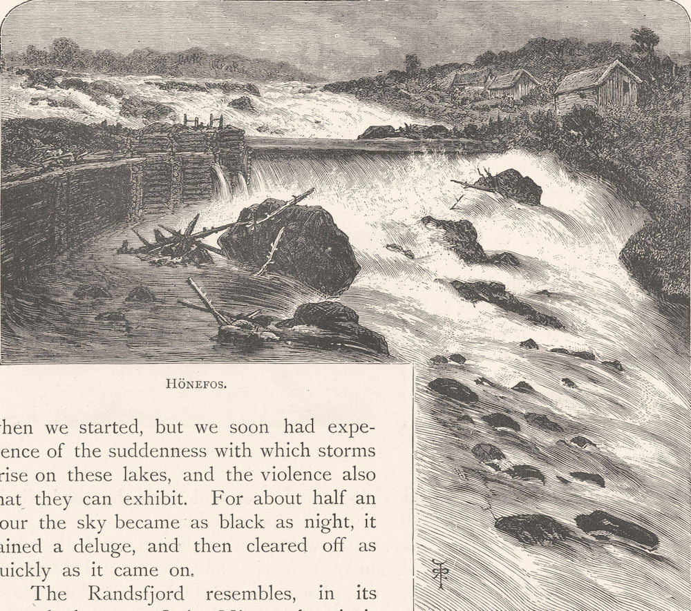 NORWAY. Honefos 1890 old antique vintage print picture